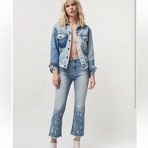 Free People The Cropped Bootcut Jeans denim Raw Waistband Bleach Spots Size 28